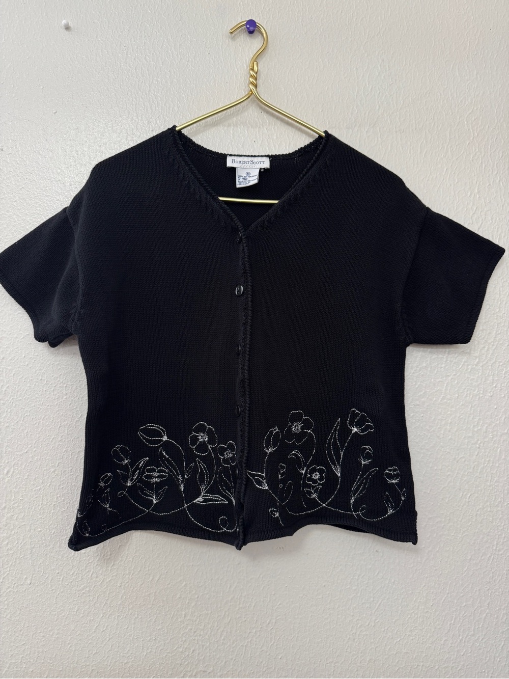 Robert Scott Black Short Sleeve Button Cardigan with Floral Embroidery